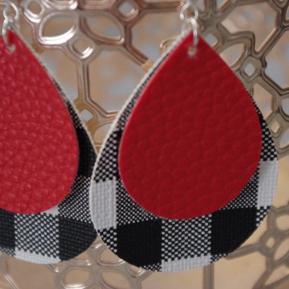 Black & White Buffalo Plaid with Red Pebbled Leather Layered Teardrop Earrings - Picture 2 of 2